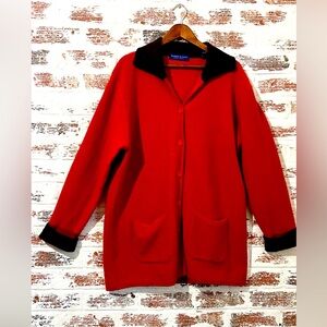 Karen Scott Cardigan Pure Wool Collared Button-down Red Black Pockets Cuffs Sz L